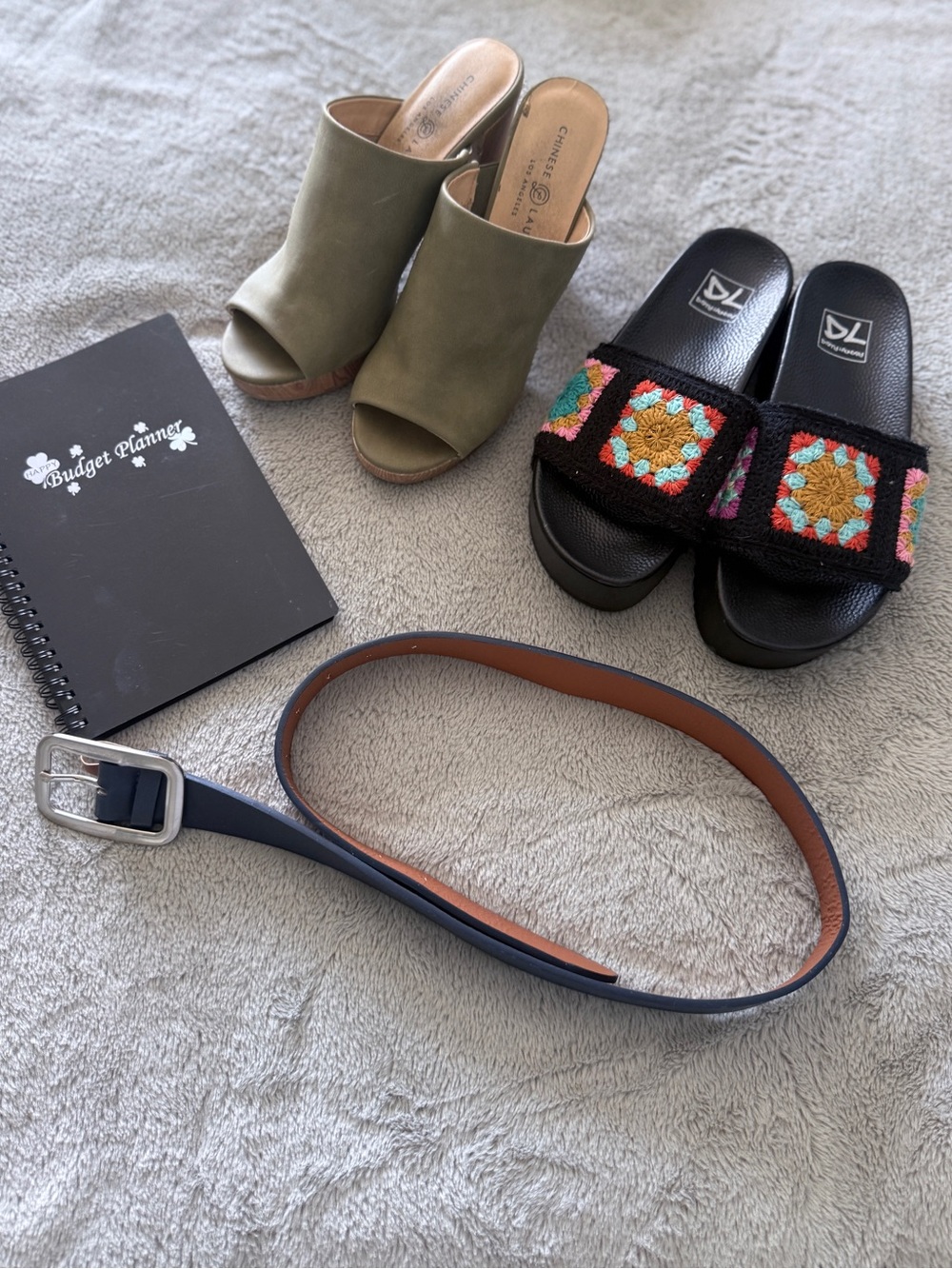 Boho Shoe Bundle Size 8.5: Platforms, Wedges, Navy Belt & Budget Planner